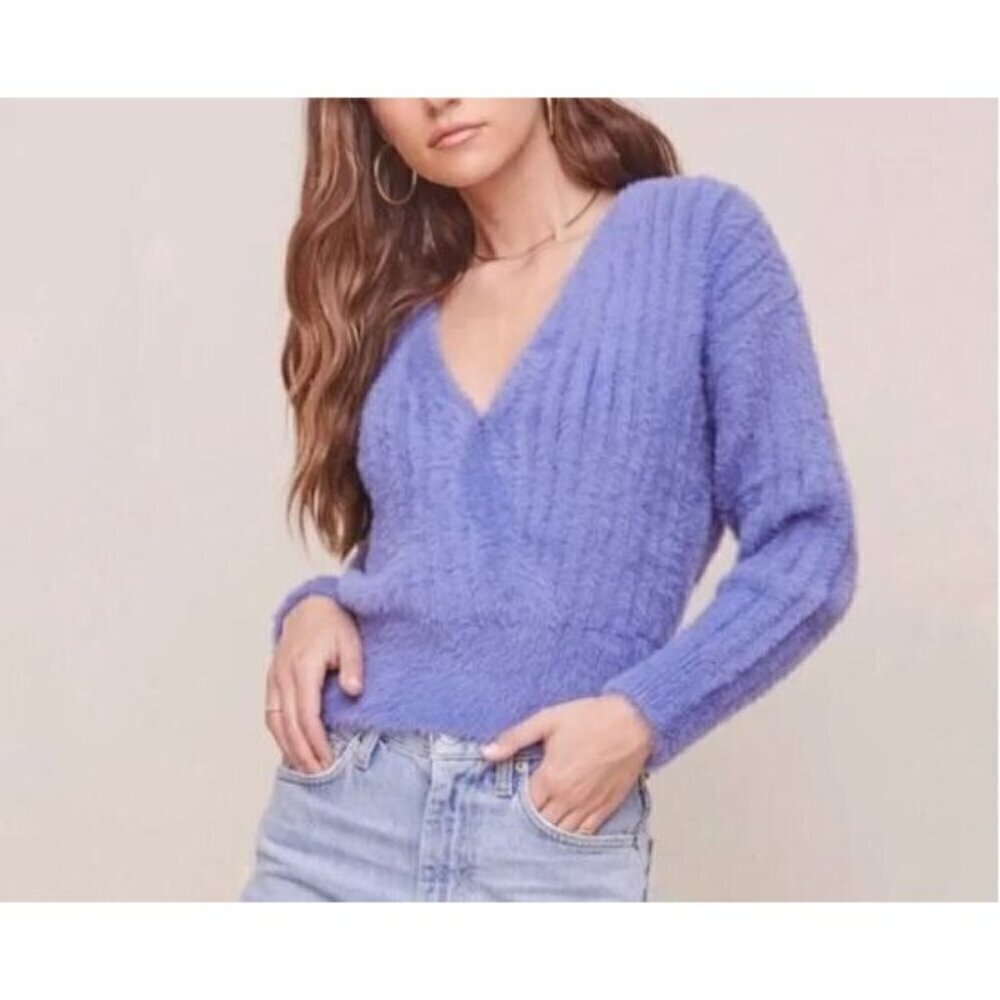 ASTR the Label Sweater Womens Medium Purple Veda Fuzzy Ribbed Faux Wrap Boho